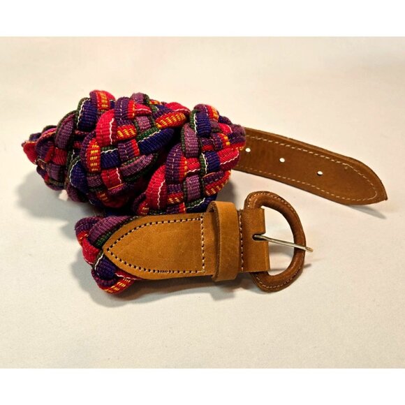 Vtg Guatemalan Woven Fabric Belt Sz M Tribal Southwestern Leather Buckel Ethnic - Picture 9 of 11